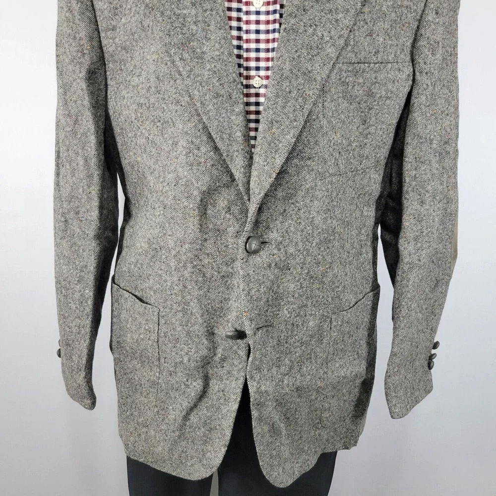 Stafford‎ Men's Tweed Sport Coat Blazer Two Button Gray Wool Elbow Patches 44L